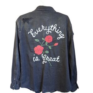 2017 American Eagle Black Distressed Embroidered Rose LS Shirt Jacket w/ pockets